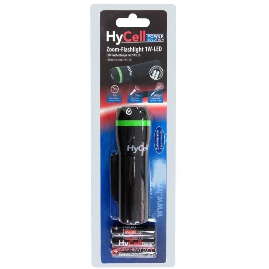 HYCELL ZOOMFLASHLIGHT 1WLED ZAKLAMP (ZWART/GROEN)